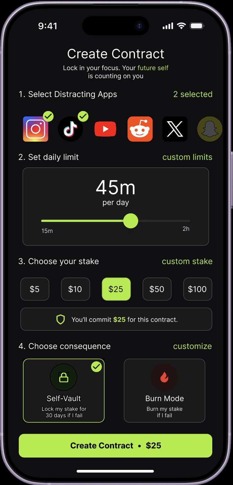 LockIn create contract screen on a phone.